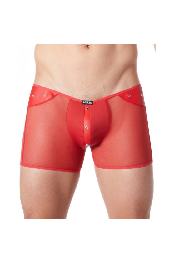 Boxer rouge sexy maille transparente et bande style cuir