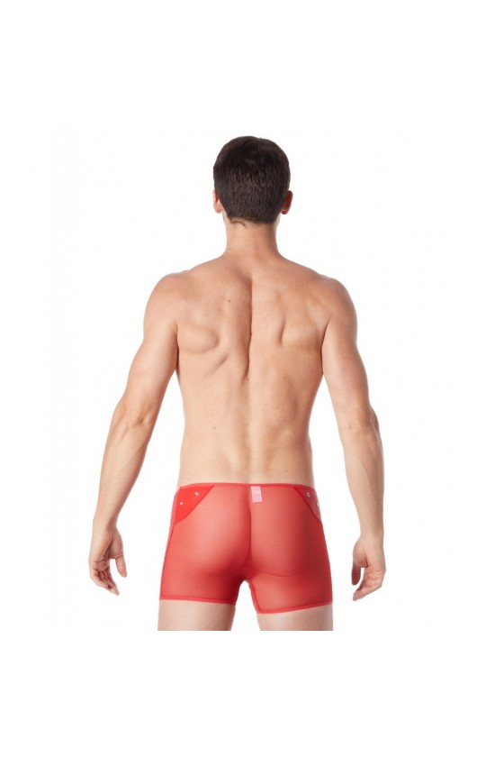 Boxer rouge sexy maille transparente et bande style cuir