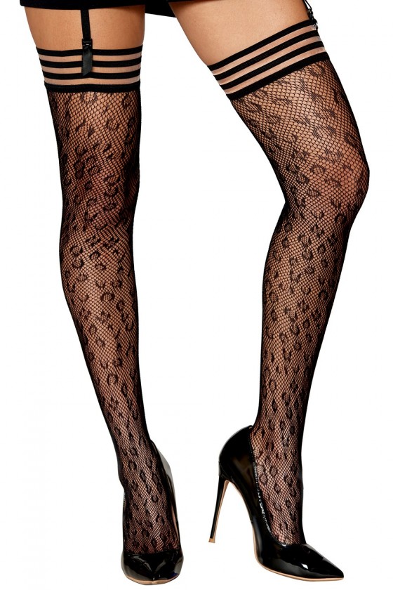 Bas résille dessin léopard avec jarretières noires/transparentes - DG0433BLK
