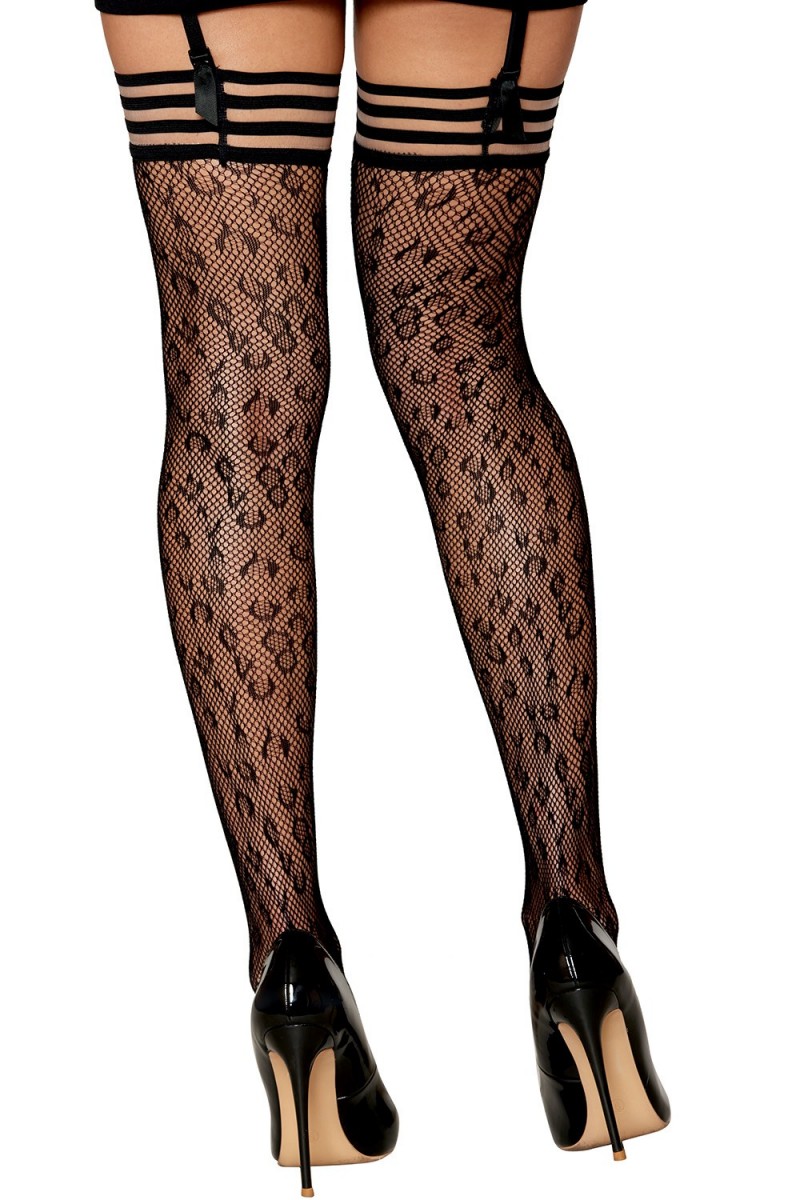 Bas résille dessin léopard avec jarretières noires/transparentes - DG0433BLK