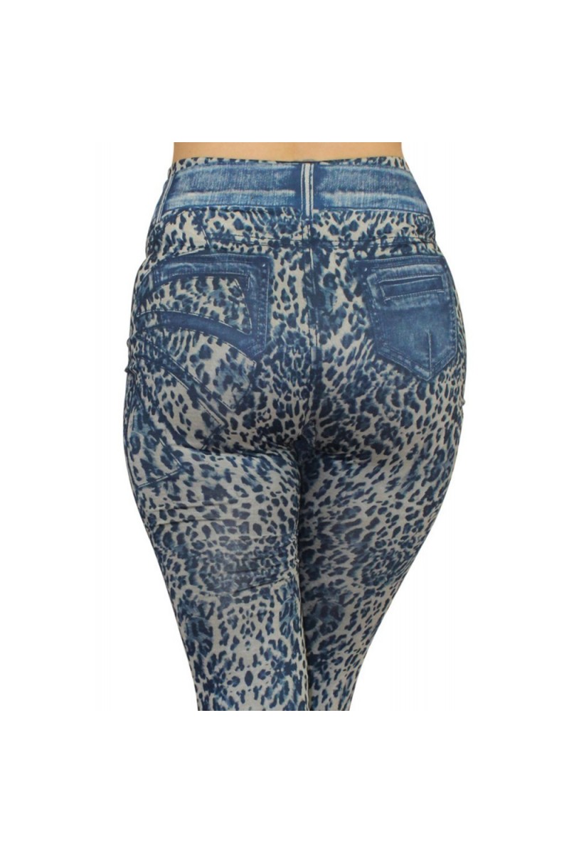 Legging bleu effet jean délavé imprimé léopard