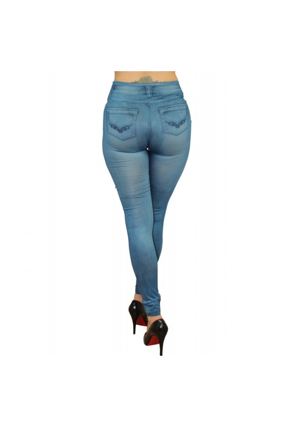 Legging bleu style jean moulant avec impressions sur poches
