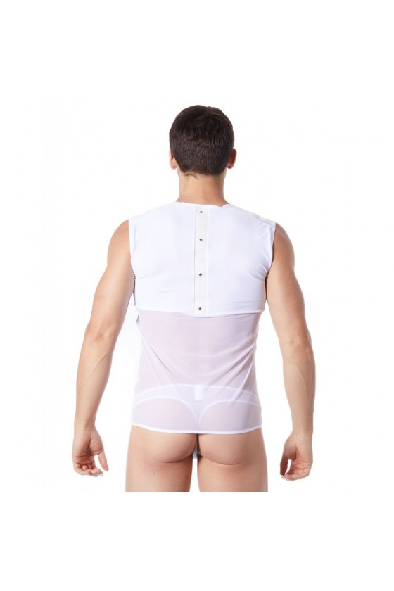V-shirt débardeur blanc satiné avec bandes style cuir et dos avec transparence