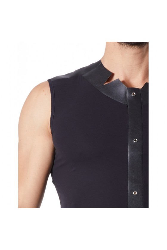 V-shirt débardeur noir satiné avec bandes style cuir et dos avec transparence