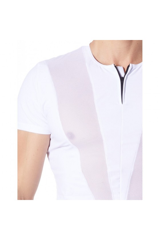 T-Shirt blanc doux avec bandes résille col rond et zip