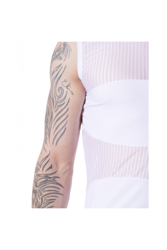 T-shirt débardeur blanc col rond opaque et transparent avec fines rayures