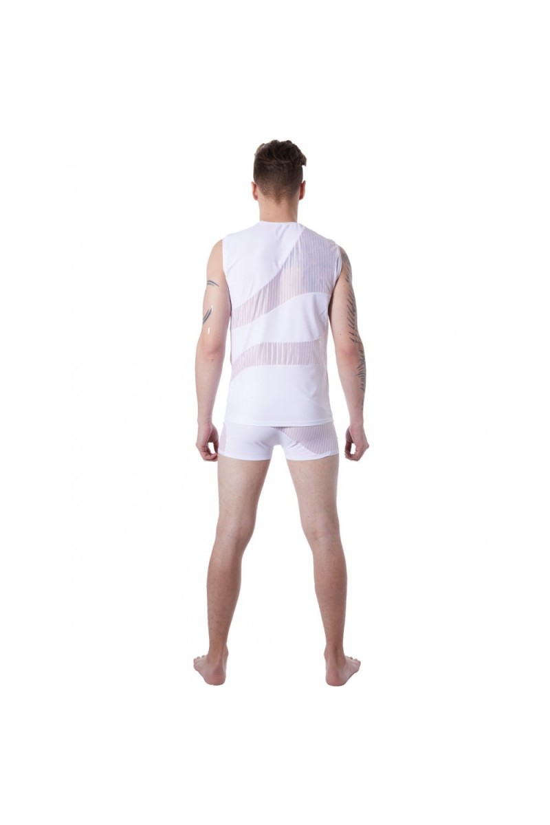 T-shirt débardeur blanc col rond opaque et transparent avec fines rayures