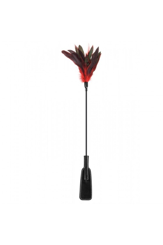 Cravache noire bdsm avec plumes noires rouges